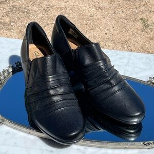 Clarks Emily 2 Cove, Black, Slip-on Shoe, 8, Ruching Detail, 2” Heel, Like New